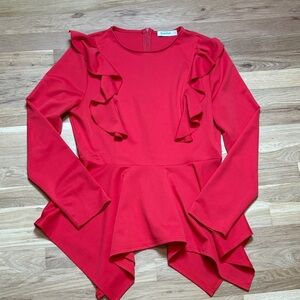 Jasambac Chic Red Ruffle Long Sleeve Peplum Style Blouse Women’s L
